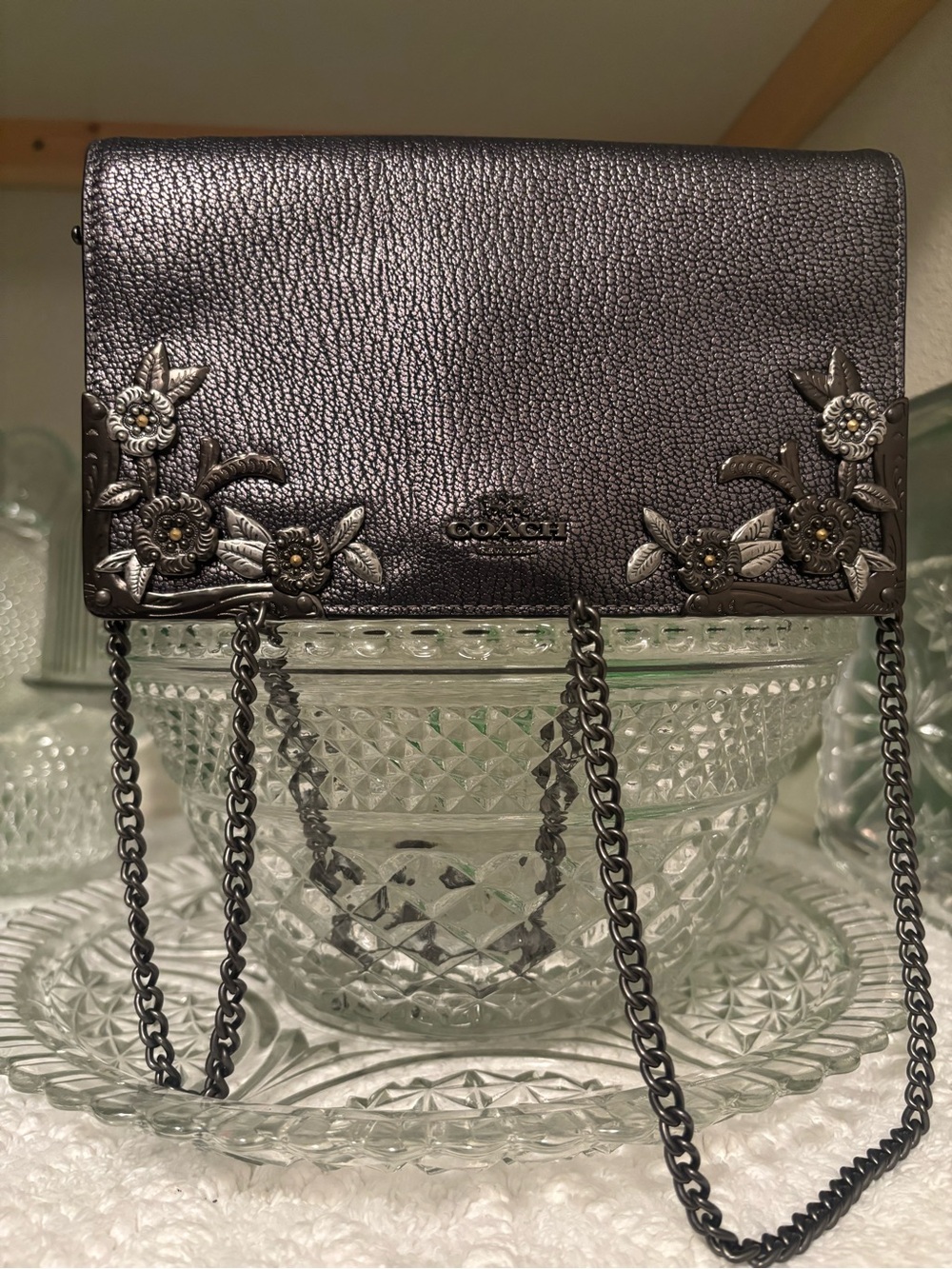 Coach Calle Foldover Chain Clutch Floral Metallic Leather Crossbody Purse